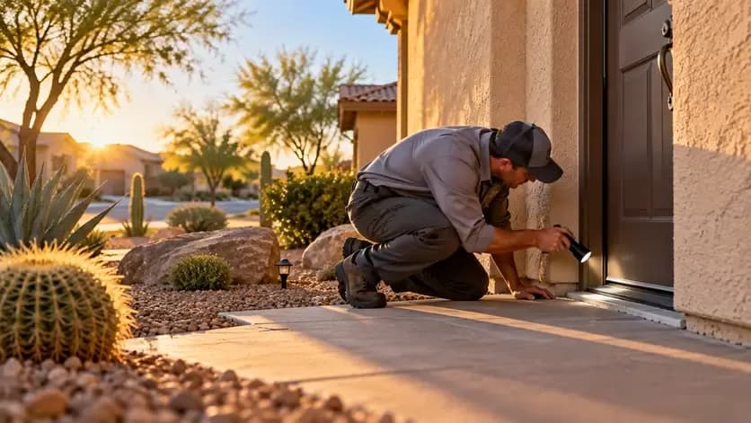 A pest control technician inspects an exterior wall and pipe gap at an apartment complex in Surprise, Arizona.