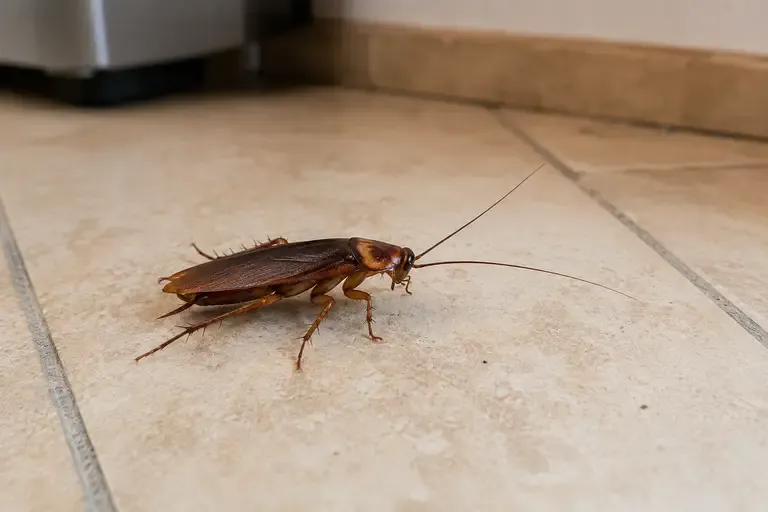 American cockroach crawling across a tile floor inside an Arizona home.