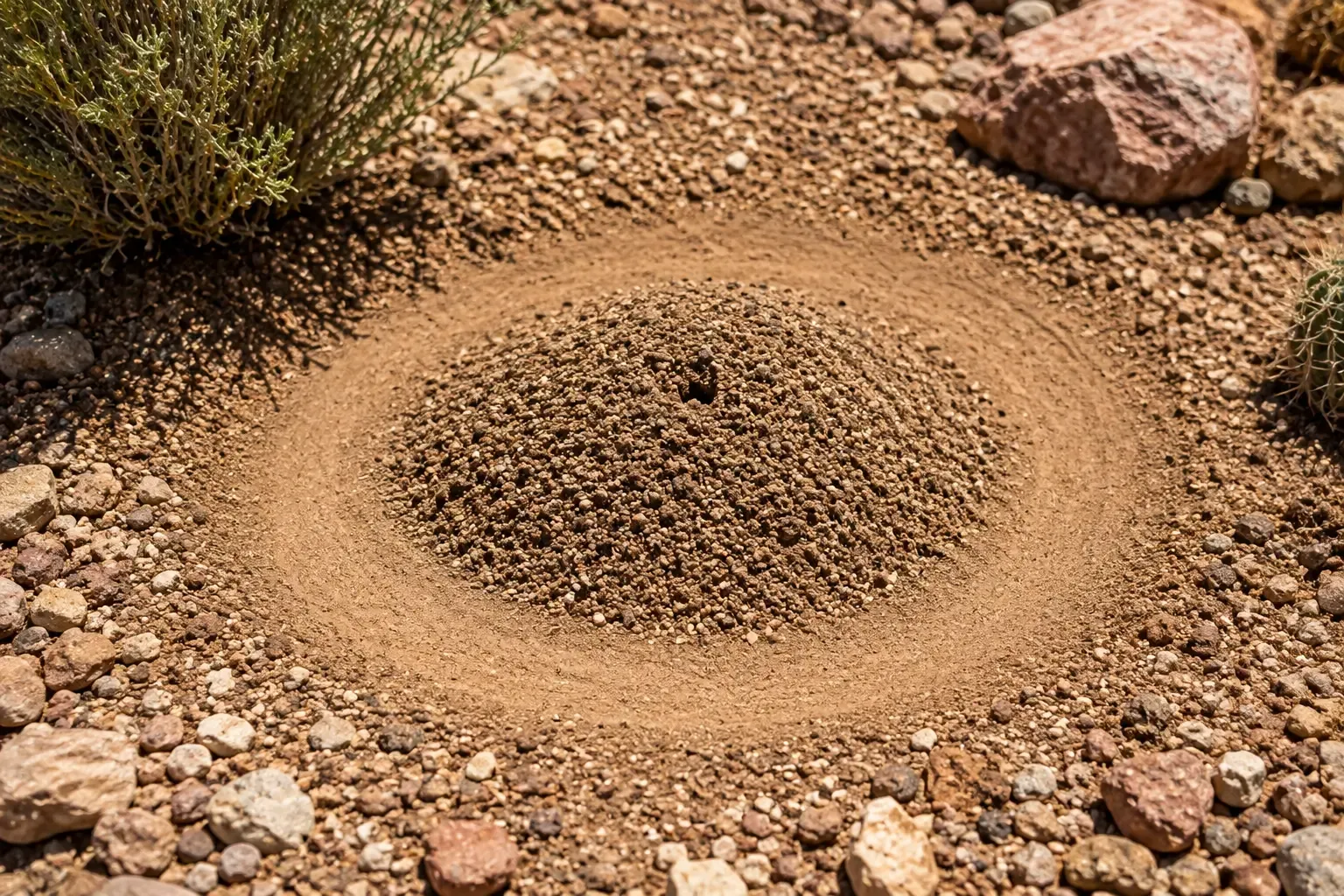 Harvester ant mound with a distinct cleared ring of bare soil surrounding the nest entrance in a dry Arizona desert landscape.