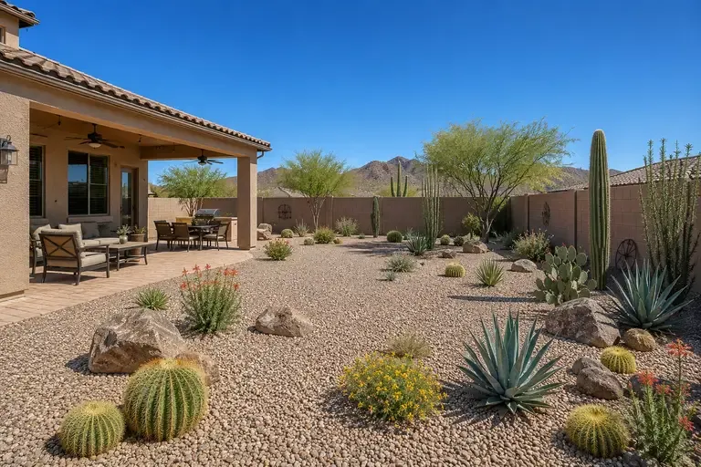 backyard of arizona home with gravel and desert landscape weed control