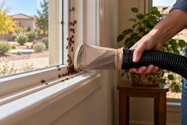 A vacuum hose fitted with a stocking is used to remove beetles clustered near an indoor window frame.