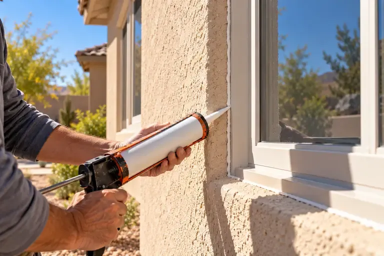 A technician seals a crack around an exterior window frame with caulk to block beetle entry points.