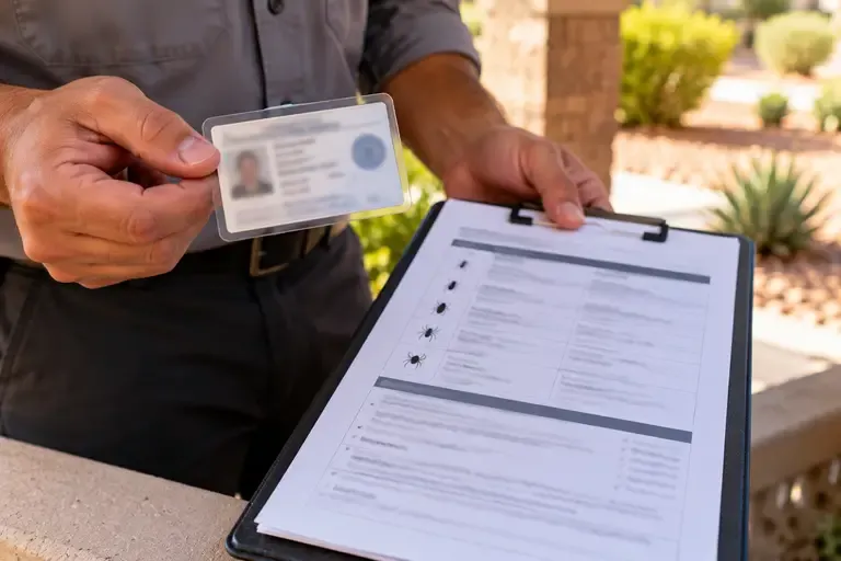 A close-up of a license card and a printed written pest control service plan being shown to a homeowner.