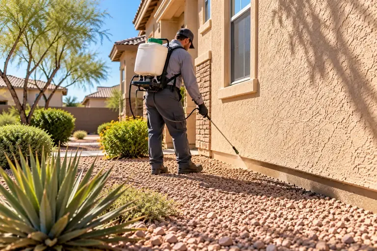 A pest control technician sprays treatment along the exterior foundation of a suburban home.