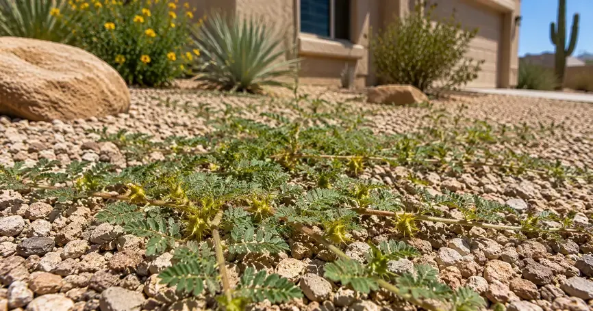 Goathead puncturevine spreading across gravel landscaping in an Arizona yard, showing its low-growing stems and thorny seed burrs.