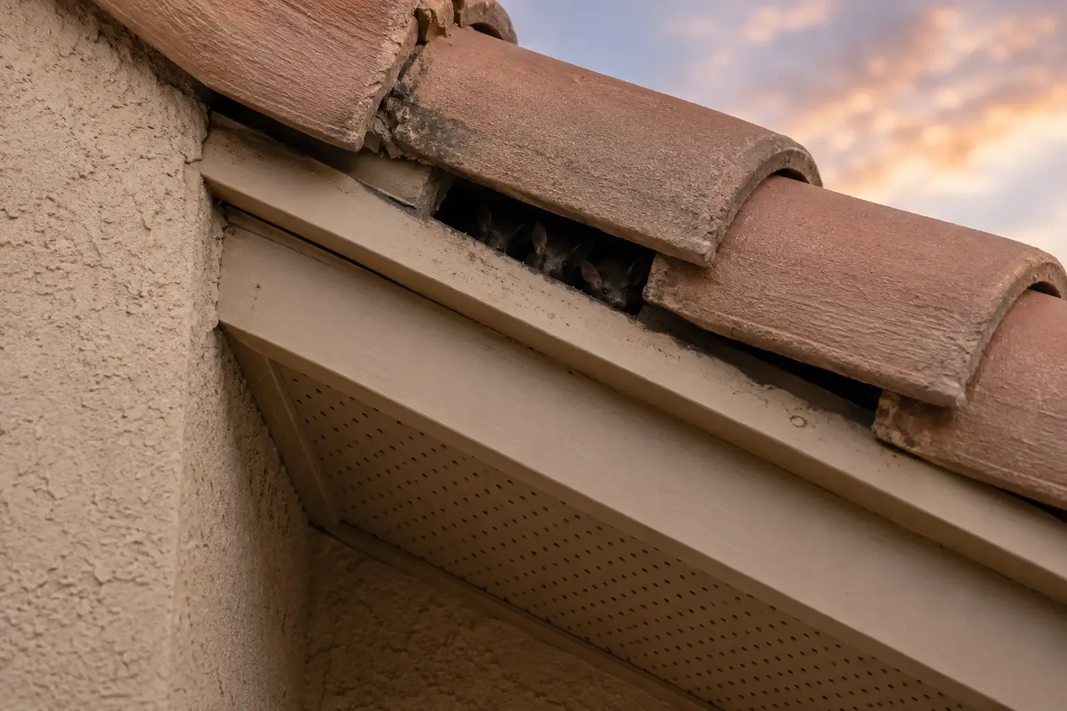 A small roofline gap where bats enter an attic, near tile and soffit