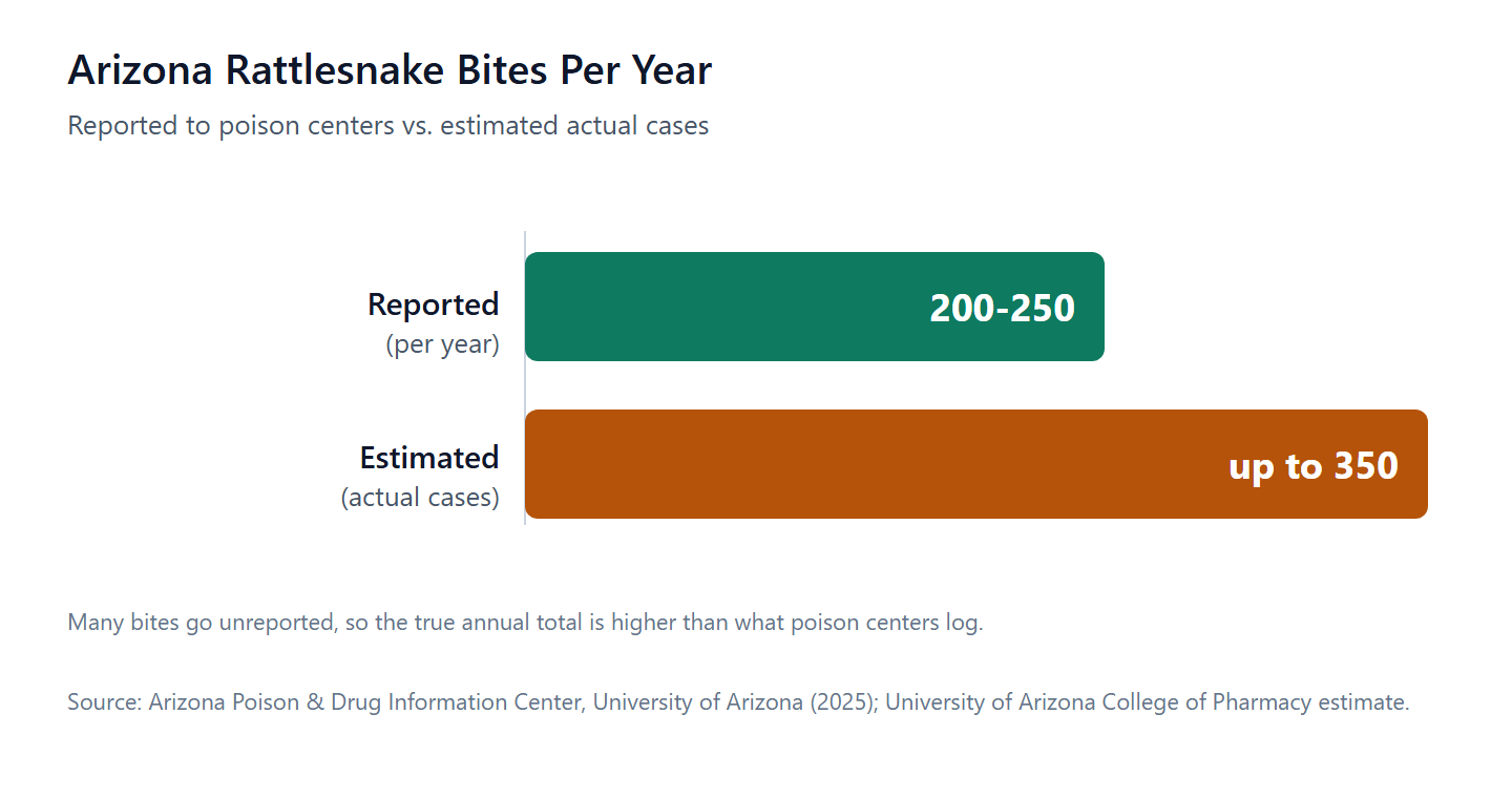 Arizona rattlesnake bites per year: reported to poison centers vs. estimated actual cases.