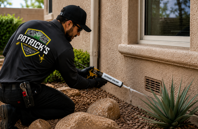 Pest control technician wearing a Patrick's Home Solutions logo shirt while sealing gaps around a home's exterior foundation with exterior caulk to help prevent spiders and insects from entering.
