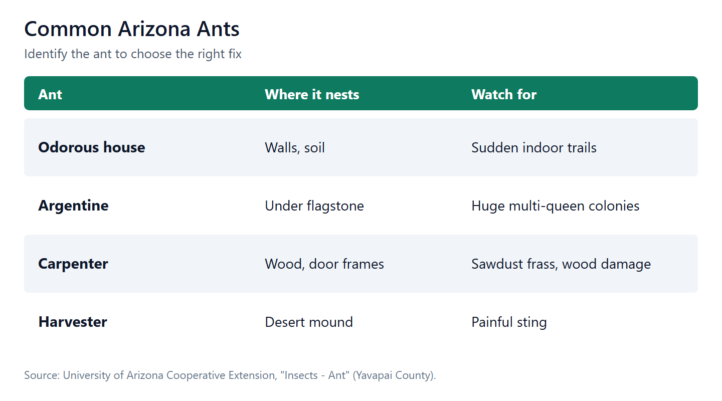 chart showing common ants in Arizona