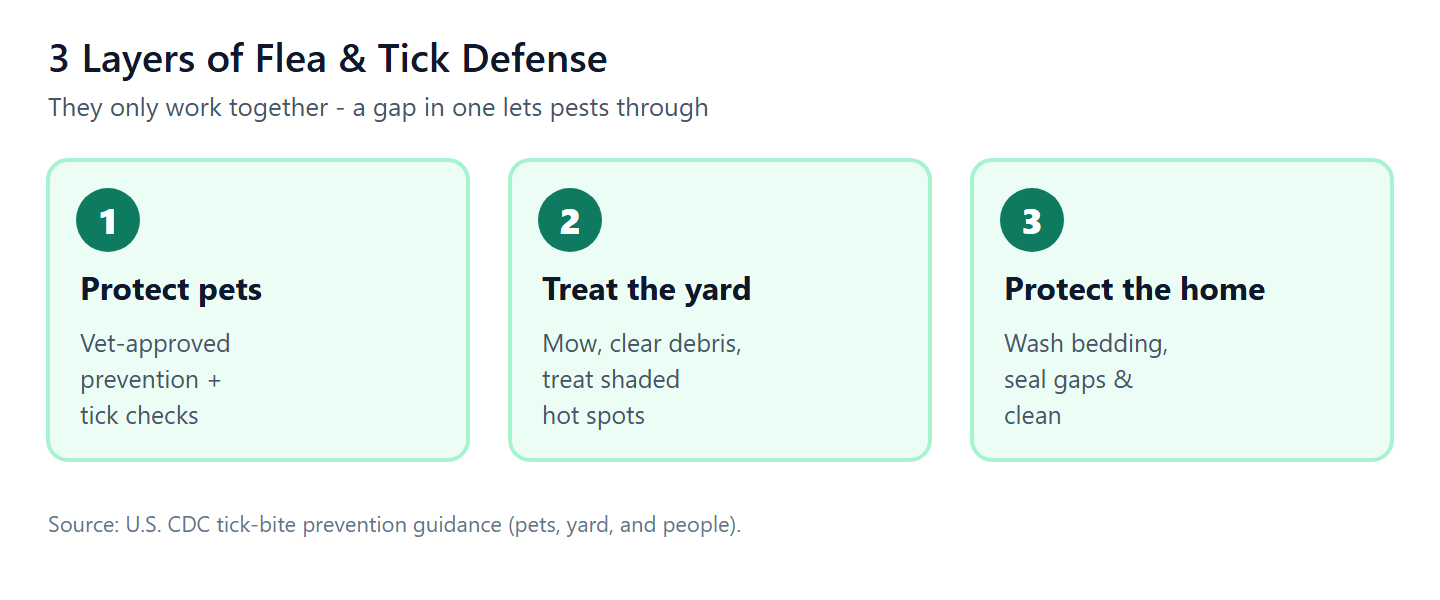 Three layers of flea and tick defense: protect pets, treat the yard, and protect the home.