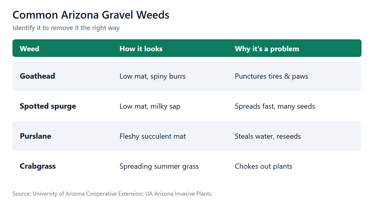 Common Arizona gravel weeds: how to identify goathead, spurge, purslane, and crabgrass.
