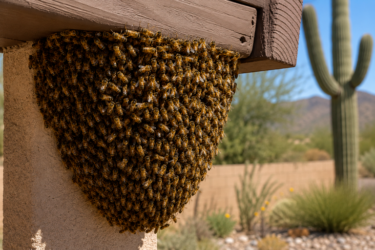 Large honey bee swarm clustered beneath a home’s roof overhang in the Arizona desert, waiting to establish a new hive.