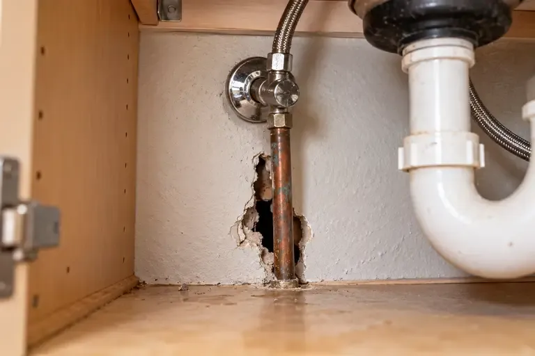 A gap around a pipe under a kitchen sink where pests can pass between apartment units.