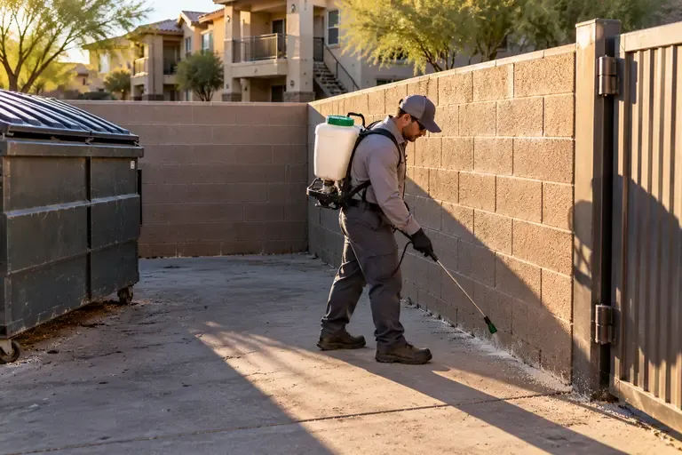A technician treats the exterior of a shared trash enclosure as part of whole-building pest control at an apartment complex.