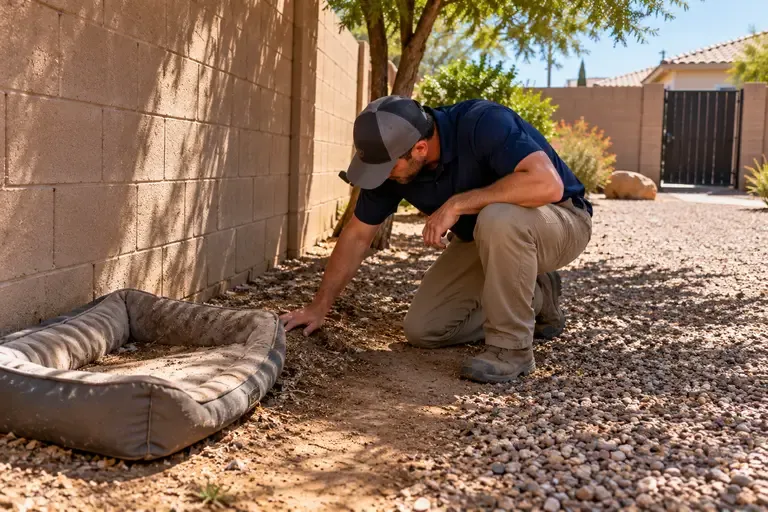 A technician examines a shaded yard area with a dog bed where pests are likely to be found during an inspection.