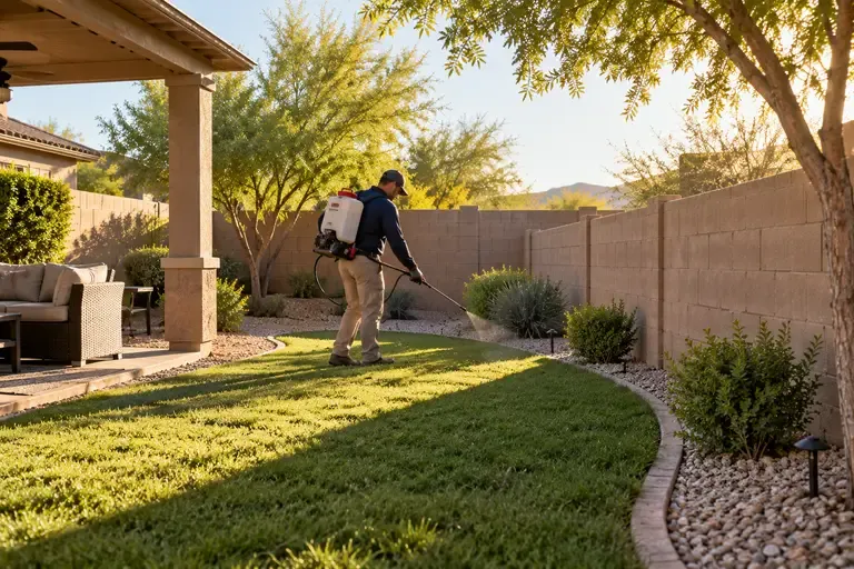 A technician sprays a backyard fence line as part of a flea and tick treatment that includes both house and yard.