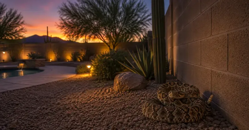 Western diamondback rattlesnake coiled beside a residential block wall in a Phoenix West Valley backyard at dusk, surrounded by decorative gravel, a saguaro cactus, agave, and desert landscaping. Soft landscape lighting and the fading summer sunset illustrate the time of day when rattlesnakes are typically most active.