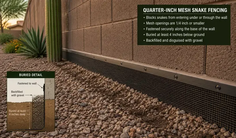 Close-up of quarter-inch galvanized mesh snake fencing securely installed along the base of a residential block wall, with the lower edge buried beneath decorative gravel to help prevent snakes from entering a Phoenix West Valley backyard.