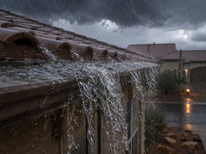 monsoon rain falling off desert home in arizona