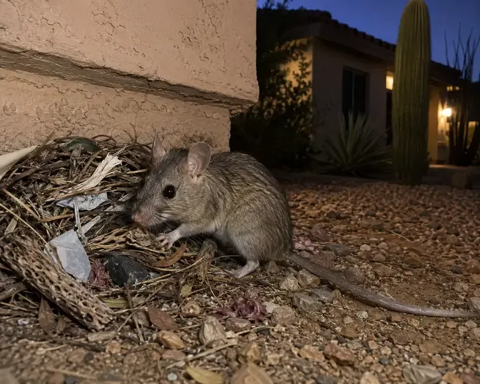 A pack rat sits beside its nest of twigs, leaves, and debris at the base of a stucco residential home in Arizona. The rodent is shown in close-up on a desert-landscaped yard with gravel, while a saguaro cactus and southwestern-style house are visible in the background under evening lighting. The pack rat’s large eyes, long tail, and natural nesting behavior are clearly visible.