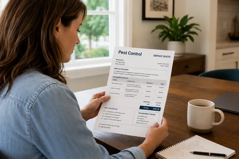Homeowner reviewing a transparent pest control service quote at a kitchen table, with clear pricing, service details, and no hidden fees highlighted on the document.