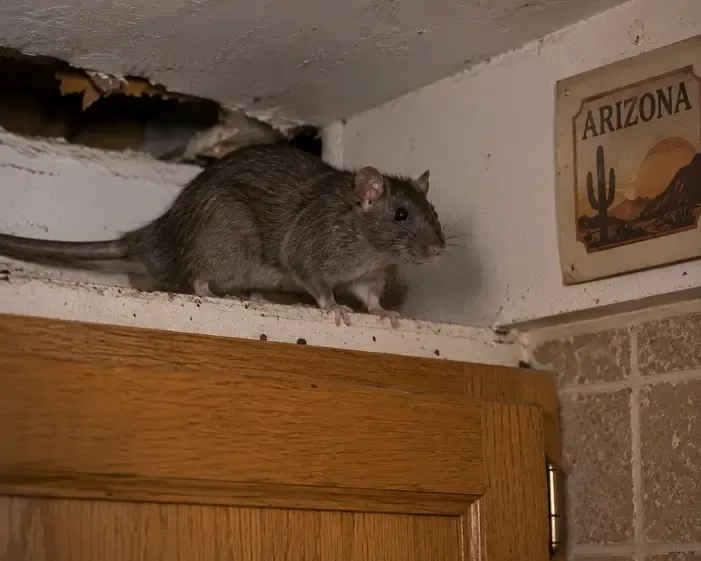 A roof rat stands on a ledge above kitchen cabinets inside an Arizona home. The brown-gray rodent is positioned near an opening in the ceiling, with visible signs of rodent activity including droppings along the ledge. Wooden cabinetry, a tiled wall, and an Arizona-themed wall sign are visible in the background, illustrating a common roof rat intrusion in a residential setting.