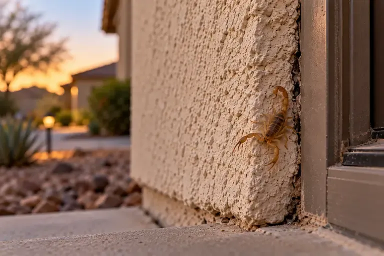 A bark scorpion near a small gap on a home's stucco exterior wall in a desert climate.