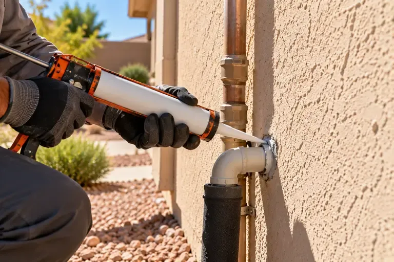 A technician seals a small gap around a plumbing line on a home's exterior wall to exclude pests.