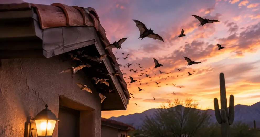 Bats emerging from beneath the roofline of an Arizona home at dusk, with a colorful desert sunset, mountains, and saguaro cacti in the background.