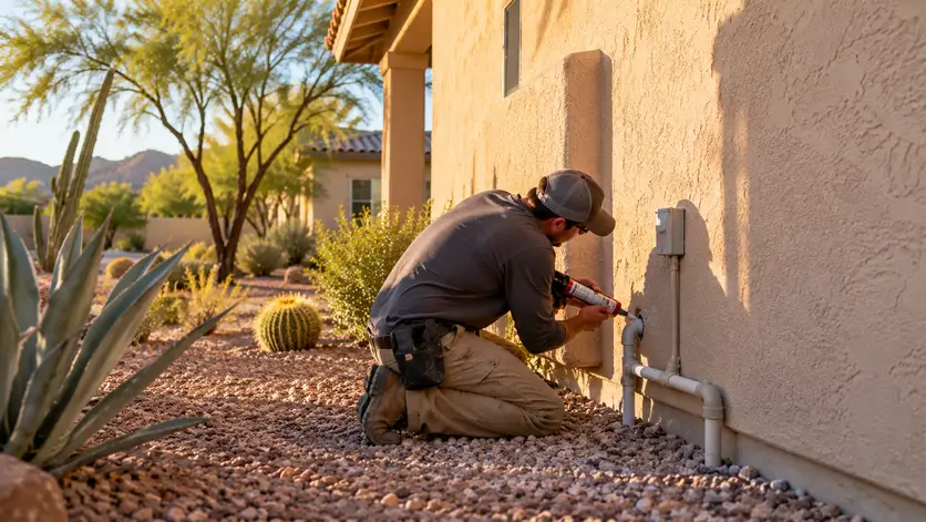 A pest control technician seals a gap in a home's exterior foundation to keep pests from entering.