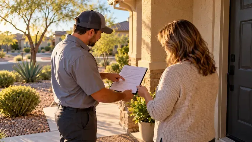 A pest control technician hands a homeowner a written service agreement to review on the front porch.