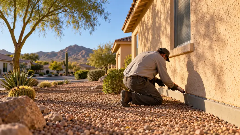 A technician applies sealant to a gap at the base of a stucco wall to block scorpion entry points.