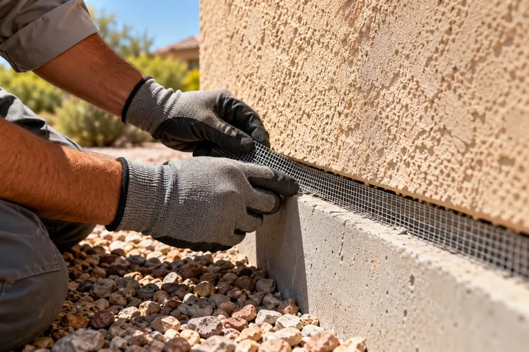 A close-up of mesh being fitted into the weep screed gap at the base of a stucco wall to keep scorpions out while still draining water.