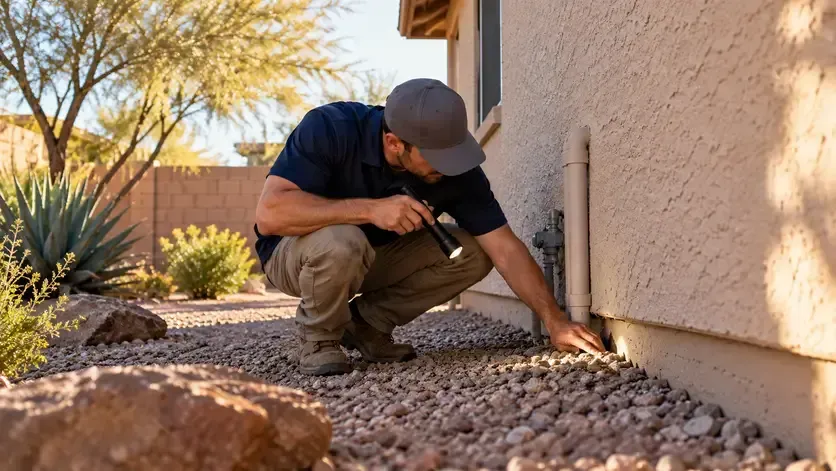 A pest control technician crouches to inspect the foundation line of a desert home for pest entry points.