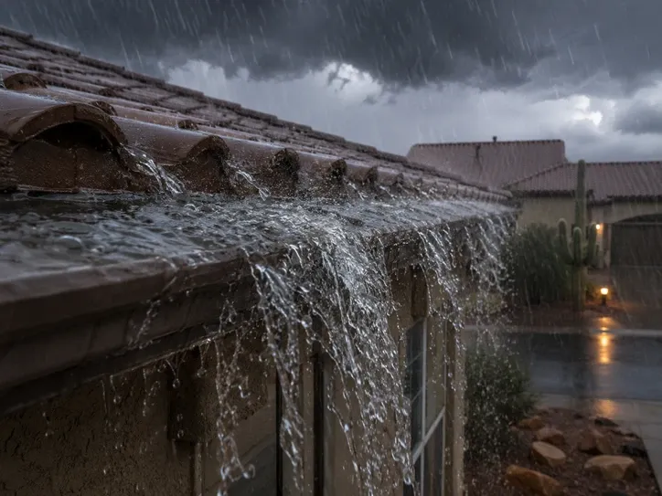 monsoon rain falling off desert home in arizona