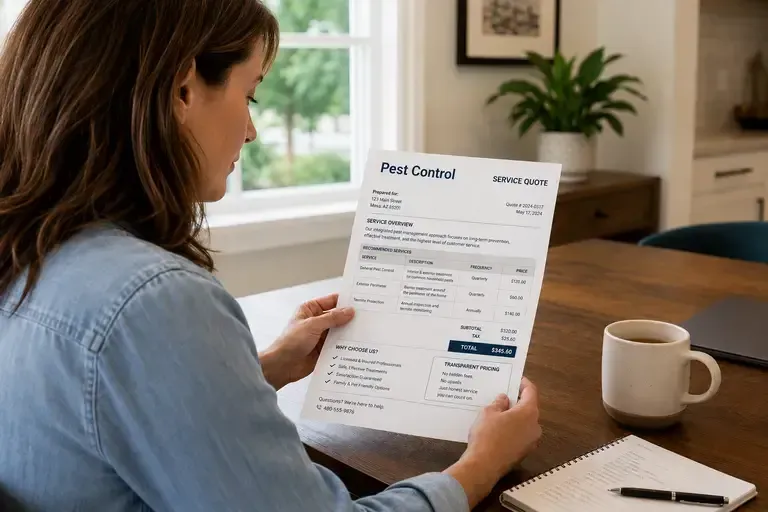 Homeowner reviewing a transparent pest control service quote at a kitchen table, with clear pricing, service details, and no hidden fees highlighted on the document.